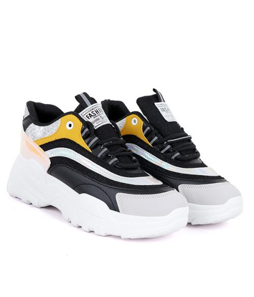 Ladies Chunky Soles Sneakers In Black With Yellow And Silver - Fancy Soles